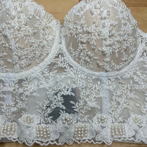 White Hand Beaded Corset Bustier Top Bra Sleeveless Size L Lace Festival Western - Picture 4 of 7
